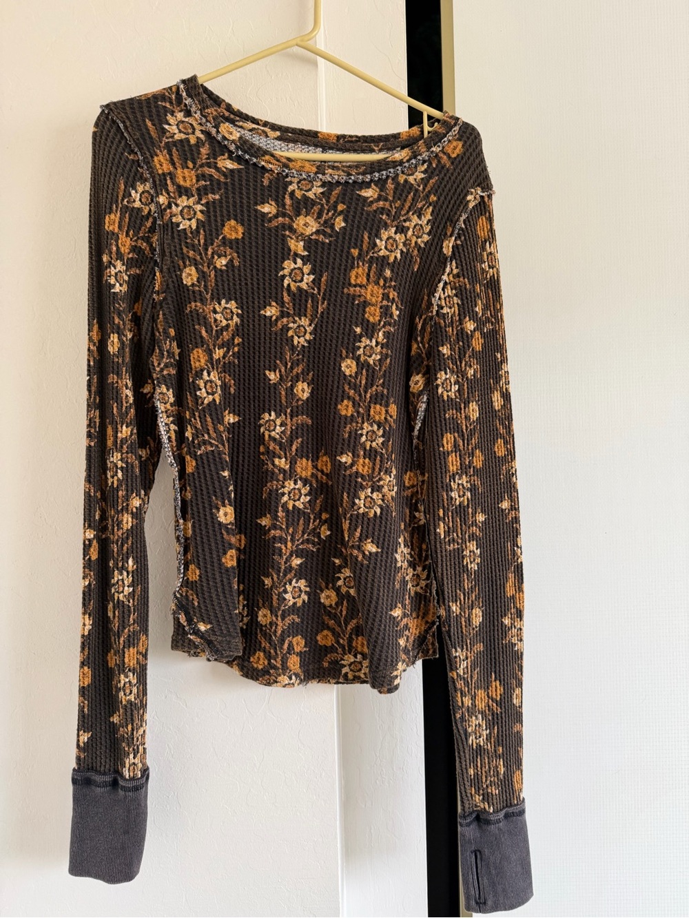 We The Free Brown Floral Ribbed Long Sleeve Top